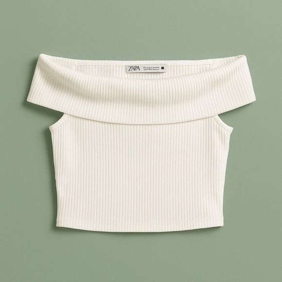 ZARA Ribbed white Off-Shoulder Crop Top – Size Small - Picture 1 of 3